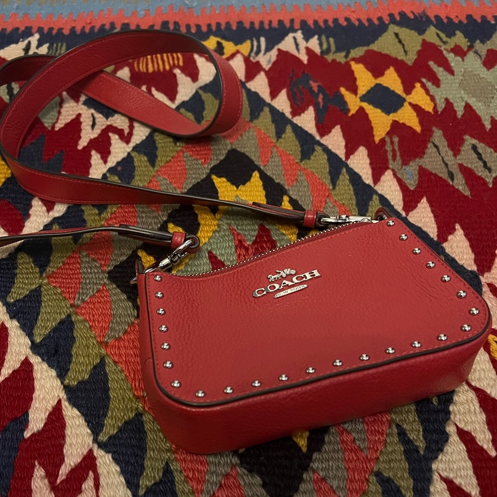 Coach red mini shoulder cross body bag with silver accents